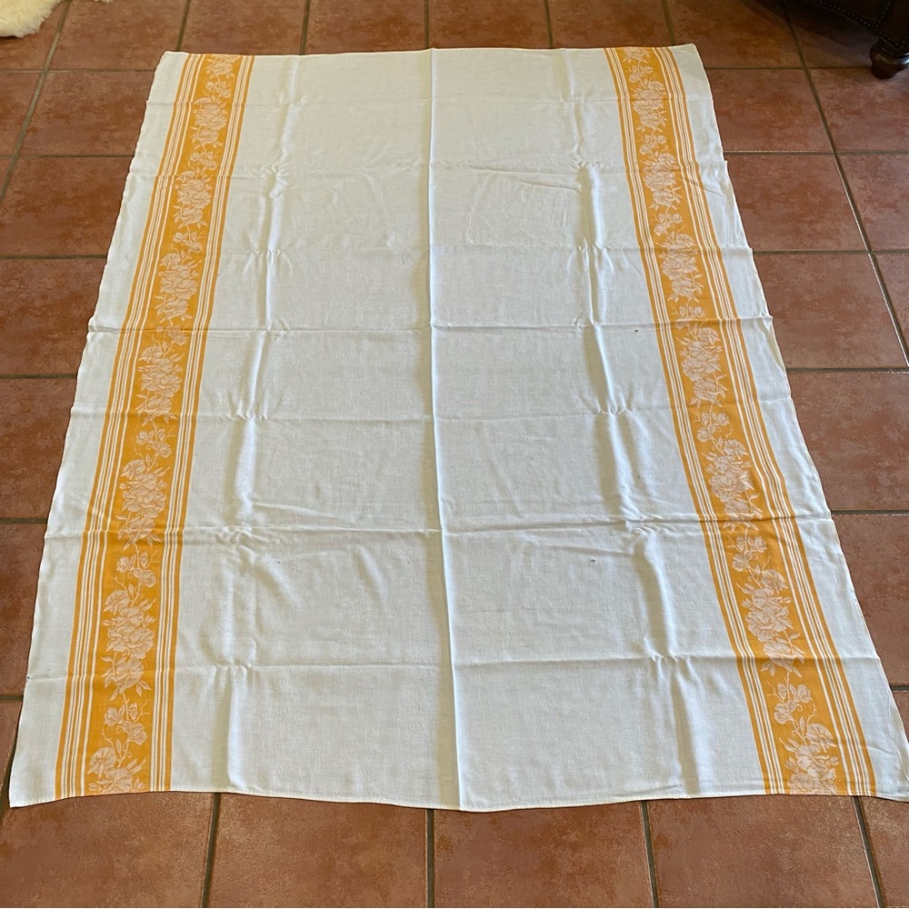 Vintage Orange White Rectangular MCM Table Cloth  Wide Floral Band on Sides